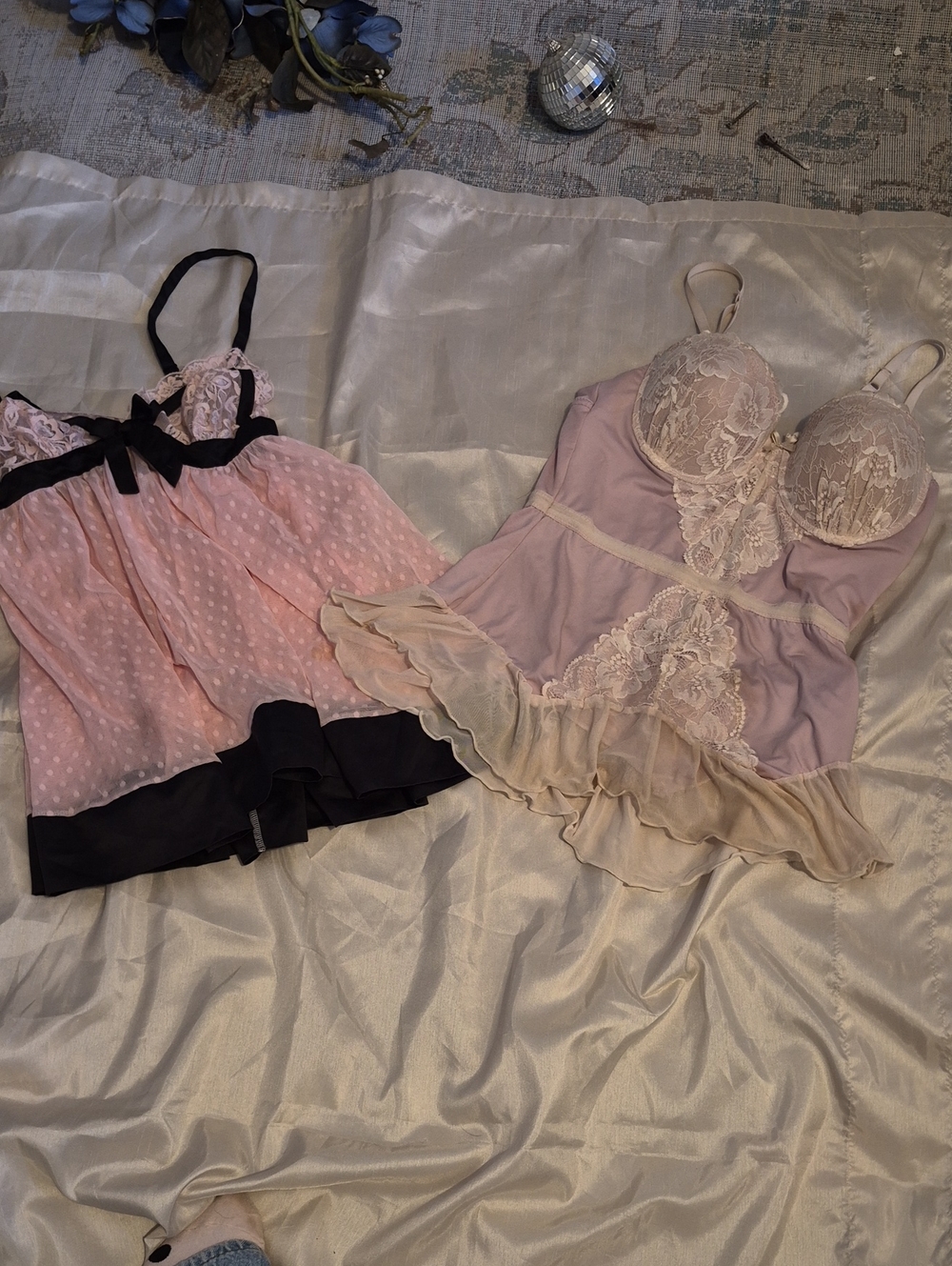 Adore Me Pink Chemise with Cream Lace Trim and Black Accents